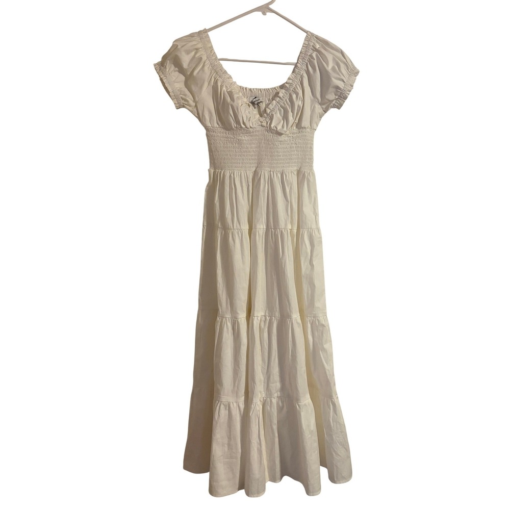 WeWoreWhat‎ White Smocked Tiered Maxi Dress XS Puff Sleeve Cottagecore Milk Maid